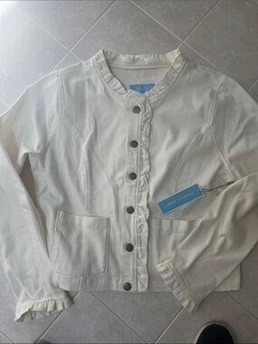 Ladies' Ivory Ruffle-Trim Button-Front Jean Jacket
